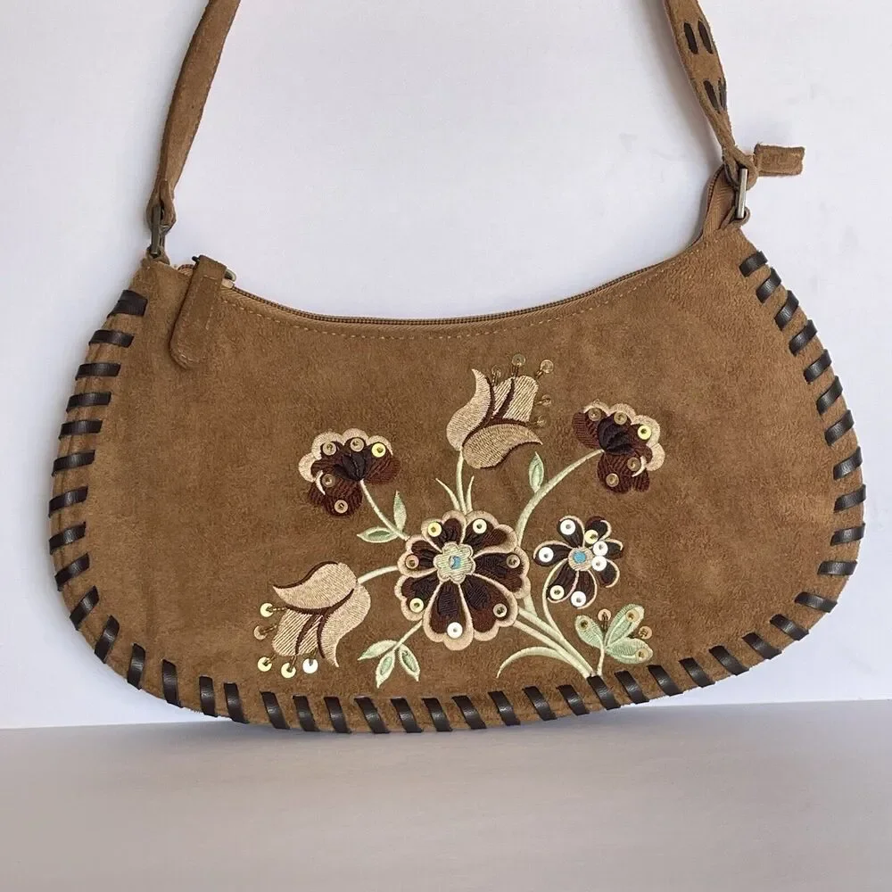 Women Sewn Edges Handbag Suede leather Brown Embroidery